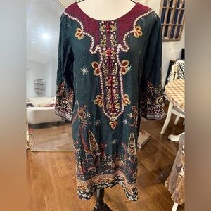 Embroidered Dark Green Dress with Red and Gold Accents